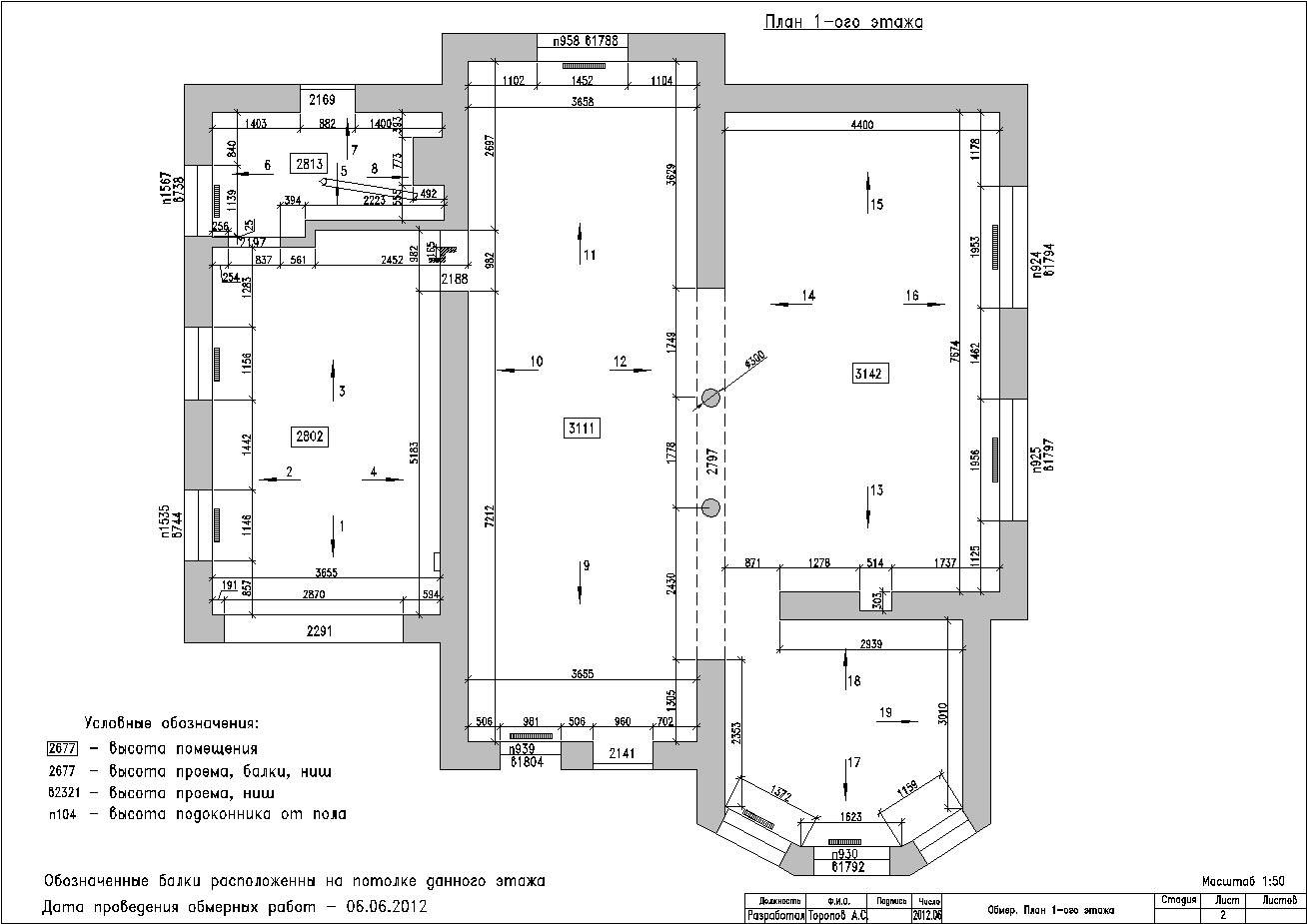 На примере - обмерный план этажа, где указаны характеристики нескольких помещений после обмера.